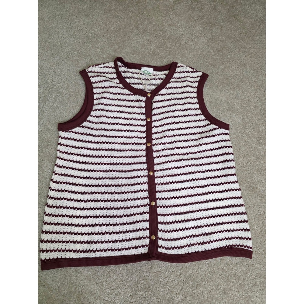 New In Very J Women Burgundy Cream Striped Knit Button Front Vest Gold Buttons L